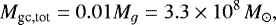 \begin{equation*} M_{\textrm{gc,tot}} = 0.01 M_g = 3.3\times 10^8\,\textit{M}_{\odot}, \end{equation*}