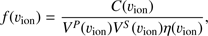 $$ f{(\upsilon_\mathrm{ion})}=\frac{C{(\upsilon_\mathrm{ion})}}{V^P{(\upsilon_\mathrm{ion})V^S{(\upsilon_\mathrm{ion})}\eta{(\upsilon_\mathrm{ion})}}}, $$