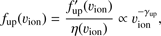 $$ f_\mathrm{up}{(\upsilon_\mathrm{ion})}=\frac{f_\mathrm{up}^'{(\upsilon_\mathrm{ion})}}{\eta{(\upsilon_\mathrm{ion})}}\propto\upsilon_\mathrm{ion}^{-\gamma_\mathrm{up}}, $$