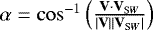 $\alpha = \cos^{-1} \left(\frac{\textbf{V} \cdot {\textbf{V}}_{\mathrm SW}}{|\textbf{V}| |\textbf{V}_{\mathrm SW}|}\right)$