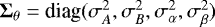 $\bm{{\mathrm \Sigma}}_{\theta}=\textrm{diag}(\sigma^2_A, \sigma^2_B, \sigma^2_{\alpha}, \sigma^2_{\beta})$