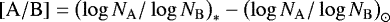 ${\mathrm{\left[A/B\right]}} =\left(\log{N_{\mathrm{A}}}/\log{N_{\mathrm{B}}}\right)_{*}-\left(\log{N_{\mathrm{A}}}/\log{N_{\mathrm{B}}}\right)_{\odot}$