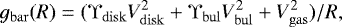 \begin{equation*} g_{\mathrm{bar}}(R) = (\mathrm{\Upsilon}_{\mathrm{disk}}V^2_{\mathrm{disk}} &#x002B; \mathrm{\Upsilon}_{\mathrm{bul}}V^2_{\mathrm{bul}} &#x002B; V^2_{\mathrm{gas}})/R,\end{equation*}