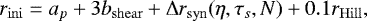 \begin{equation*} r_{\mathrm{ini}} = a_p &#x002B;3b_{\mathrm{shear}} &#x002B;\mathrm{\Delta} r_{\mathrm{syn}}(\eta,\tau_s,N) &#x002B;0.1r_{\mathrm{Hill}},\end{equation*}