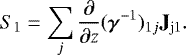 \begin{equation*} S_1 = \sum_j \frac{\partial}{\partial z} (\bm{\gamma}^{-1})_{1j} \mathbf{J}_{\mathrm{j1}}.\vspace*{-3pt} \end{equation*}