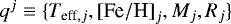 $q^{j} \equiv \{T_{\textrm{eff}, j}, {[\textrm{Fe}/\textrm{H}]}_{j}, M_{j}, R_{j}\}$