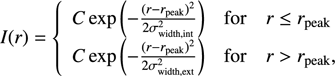$$ \begin{equation} I(r)=\left\{ \begin{array}{rcl}C\exp\left(-\frac{(r-r_{\rm{peak}})^2}{2\sigma_{\rm{width, int}}^2}\right) &\mbox{for} & r\leq r_{\rm{peak}}\\C\exp\left(-\frac{(r-r_{\rm{peak}})^2}{2\sigma_{\rm{width, ext}}^2}\right) &\mbox{for} & r> r_{\rm{peak}},\end{array}\right.\end{equation} $$