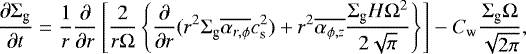 \begin{align*}\frac{\partial {\mathrm{\Sigma}}_{\textrm{g}}}{\partial t} = \frac{1}{r} \frac{\partial}{\partial r} \left[\frac{2}{r{\mathrm{\Omega}}} \left\{ \frac{\partial}{\partial r} (r^2 {\mathrm{\Sigma}}_{\textrm{g}} \overline{\alpha_{r,\phi}} c_{\textrm{s}}^2) &#x002B; r^2 \overline{\alpha_{\phi,z}} \frac{{\mathrm{\Sigma}}_{\textrm{g}} H {\mathrm{\Omega}}^2}{2 \sqrt{\pi}} \right\} \right] - C_{\textrm{w}} \frac{{\mathrm{\Sigma}}_{\textrm{g}} {\mathrm{\Omega}}}{\sqrt{2 \pi}}, \end{align*}