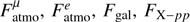 $ F_\mathrm{atmo}^\mu,F_\mathrm{atmo}^e,F_\mathrm{gal},F_{\mathrm X-pp} $