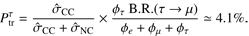 $$ P_\mathrm{tr}^\tau=\frac{{\widehat\sigma}_\mathrm{CC}}{{\widehat\sigma}_\mathrm{CC}+{\widehat\sigma}_\mathrm{NC}}\times\frac{\phi_\tau\mathrm B.\mathrm R.{(\tau\rightarrow\mu)}}{\phi_e+\phi_\mu+\phi_\tau}\simeq4.1\%. $$