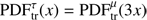 $ \mathrm{PDF}_\mathrm{tr}^\tau(x)=\mathrm{PDF}_\mathrm{tr}^\mu{(3x)} $