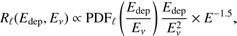 $${R_\ell }({E_{{\rm{dep}}}},{E_v}) \propto {\rm{PD}}{{\rm{F}}_\ell }\left(\frac{{{E_{{\rm{dep}}}}}}{{{E_v}}}\right)\frac{{{E_{{\rm{dep}}}}}}{{E_v^2}} \times {E^{ - 1.5}},$$