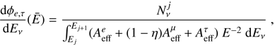 $$ \frac{\mathrm d\phi_{e,\tau}}{\mathrm dE_v}{(\overline E)}=\frac{N_v^j}{\int_{E_j}^{E_{j+1}}{(A_\mathrm{eff}^e+{(1-\eta)}A_\mathrm{eff}^\mu+A_\mathrm{eff}^\tau)}E^{-2}\mathrm dE_v}, $$