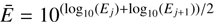 $$ \overline E=10^{(\log_{10}{(E_j)+\log_{10}{(E_{j+1})}})/2} $$