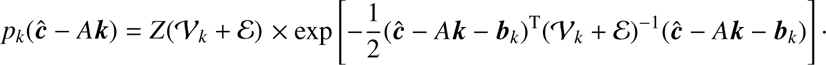 $$ p_k{(\widehat{\boldsymbol c}-A\boldsymbol k)}=Z{({\mathcal V}_k+\varepsilon)}\times\exp\lbrack-\frac12{(\widehat{\boldsymbol c}-A\boldsymbol k-{\boldsymbol b}_k)}^\mathrm T{({\mathcal V}_k+\varepsilon)}^{-1}{(\widehat{\boldsymbol c}-A\boldsymbol k-{\boldsymbol b}_k)}\rbrack. $$
