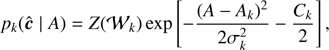 $$ p_k{(\widehat{\boldsymbol c}\;\vert\;A)}=Z{({\mathcal W}_k)}\exp\lbrack-\frac{{(A-A_k)}^2}{2\sigma_k^2}-\frac{C_k}2\rbrack, $$