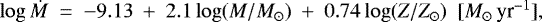 \begin{equation*}\log {{\dot{M}}}~=~-9.13~&#x002B;~2.1 \log(M/{{M_{\odot}}})~&#x002B;~0.74 \log(Z/{{Z_{\odot}}})~~[\mbox{$M_{\odot}\,\textrm{yr}^{-1}$}], \end{equation*}