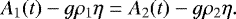 \begin{equation*} A_1(t) - g\rho_1\eta = A_2(t) - g\rho_2\eta.\end{equation*}