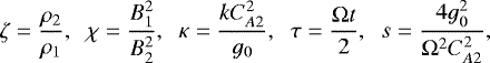 \begin{equation*} \zeta = \frac{\rho_2}{\rho_1}, \;\; \chi = \frac{B_1^2}{B_2^2}, \;\; \kappa = \frac{kC_{A2}^2}{g_0}, \;\; \tau = \frac{\mathrm{\Omega} t}2,\;\; s = \frac{4g_0^2}{\mathrm{\Omega}^2 C_{A2}^2},\end{equation*}
