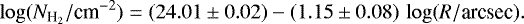 \begin{equation*} \log (N_{\textrm{H}_2}/\textrm{cm^{-2}}) = (24.01\pm0.02) - (1.15\pm0.08)\,\log (R/\textrm{arcsec}).\end{equation*}