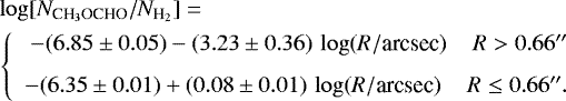 \begin{multline*} \log [N_{\textrm{CH}_3\textrm{OCHO}}/N_{\textrm{H}_2}] = \\ \left\lbrace \begin{array}{r@{}l} -(6.85\pm0.05) - (3.23\pm0.36)\,\log (R/\textrm{arcsec}) \hspace{.4cm} R > 0.66&#x0027;&#x0027; \\\\[-4pt] -(6.35\pm0.01) &#x002B; (0.08\pm0.01)\,\log (R/\textrm{arcsec}) \hspace{.4cm} R \leq 0.66&#x0027;&#x0027;. \end{array} \right. \end{multline*}