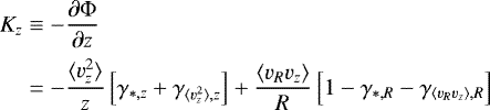 \begin{equation*}\begin{split} K_z &\equiv -\frac{\partial \mathrm{\Phi}}{\partial z} \\ &= - \frac{\langle v^2_{z} \rangle}{z} \left[\gamma_{\ast,z} &#x002B; \gamma_{\langle v^2_{z} \rangle,z }\right] &#x002B; \frac{\langle v_{R}v_{z}\rangle}{R} \left[1 - \gamma_{\ast,R} - \gamma_{\langle v_{R}v_{z} \rangle,R }\right] \end{split} \end{equation*}