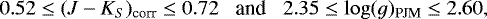 \begin{equation*} 0.52 \leq (J - K_S)_{\textrm{corr}} \leq 0.72 \;\;\; \textrm{and} \;\;\; 2.35 \leq \log(g)_{\textrm{PJM}} \leq 2.60, \end{equation*}