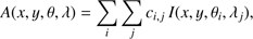 $$ A{(x,y,\theta,\lambda)}=\underset i{\mathrm\Sigma}\underset j{\mathrm\Sigma}\;c_{i,j}\;I{(x,y,\theta_i,\lambda_j)}, $$