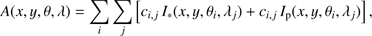 $$ A{(x,y,\theta,\lambda)}=\underset i{\mathrm\Sigma}\underset j{\mathrm\Sigma}\;{\lbrack c_{i,j}\;I_\ast{(x,y,\theta_i,\lambda_j)+}c_{i,j}\;I_\mathrm p{(x,y,\theta_i,\lambda_j),}\rbrack}, $$
