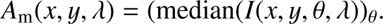 $$ A_\mathrm m{(x,y,\lambda)}={(\mathrm{median}{(I{(x,y,\theta,\lambda})})}_\theta. $$