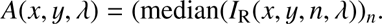 $$ A{(x,y,\lambda)}={(\mathrm{median}{(I_\mathrm R{(x,y,n,\lambda})})}_n. $$