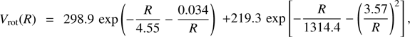 $$ \begin{eqnarray} V_{\rm rot}(R) &{\!\!\!\!\!\!=\!\!\!\!\!\!}& 298.9\,\exp\left(-\frac{R}{4.55}-\frac{0.034}{R}\right) \nonumber\\ & & + 219.3\,\exp\left[-\frac{R}{1314.4}-\left(\frac{3.57}{R}\right)^2\right], \end{eqnarray} $$
