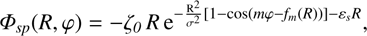 $$ \varPhi_{sp}{(R,\varphi)}=-\zeta_\mathit0R\mathrm e^{-\frac{\mathrm R^2}{\sigma^2}{\lbrack1-\cos{(m\varphi-f_m{(R)})}\rbrack}-{\varepsilon_s}R}, $$