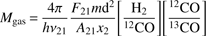 $$ M_\mathrm{gas}=\frac{4\pi}{hv_{21}}\frac{F_{21}m\mathrm d^2}{A_{21}x_2}{\left[\frac{{\mathrm H}_2}{{}^{12}\mathrm{CO}}\right]}\left[\frac{{}^{12}\mathrm{CO}}{{}^{13}\mathrm{CO}}\right] $$