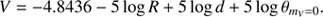 $$ V=-4.8436-5\;\log R+5\;\log d+5\;\log\theta_{m_v=0}. $$