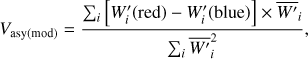 $$ V_{\text{asy}{(\text{mod})}}=\frac{{\mathrm\Sigma}_i\lbrack W_i^'{(\text{red})}-W_i^'{(\text{blue})}\rbrack\times{\overline{W'}}_i}{{\mathrm\Sigma}_i\overline{W'}_i^2}, $$