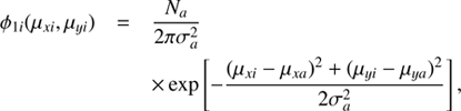 $$ \varphi_{1i}{(\mu_{xi},\mu_{yi})}=\frac{N_a}{2\pi\sigma_a^2}\times\exp\lbrack-\frac{{(\mu_{xi},\mu_{xa})}^2+{(\mu_{yi},\mu_{ya})}^2}{2\sigma_a^2}\rbrack, $$