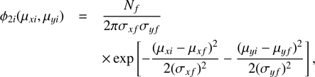 $$ \varphi_{2i}{(\mu_{xi},\mu_{yi})}=\frac{N_f}{2\pi\sigma_{xf}\sigma_{yf}}\times\exp\lbrack-\frac{{(\mu_{xi},\mu_{xf})}^2}{2{(\sigma_{xf})}^2}-\frac{{(\mu_{yi},-\mu_{yf})}^2}{2{(\sigma_{yf})}^2}\rbrack, $$