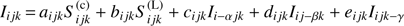 $ {{I}_{ijk}}={{a}_{ijk}}S_{ijk}^{(\text{c})}+{{b}_{ijk}}S_{ijk}^{(\text{c})}+{{c}_{ijk}}{{I}_{i-\alpha jk}}+{{d}_{ijk}}{{I}_{ij-\beta k}}+{{e}_{ijk}}{{I}_{ijk-\gamma }} $