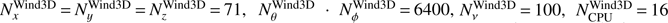 $ N_{x}^{\rm{Wind3D}}=N_{y}^{\rm{Wind3D}}=N_{z}^{\rm{Wind3D}}=71,\,N_{\theta }^{\rm{Wind3D}}\cdot N_{\phi }^{\rm{Wind3D}}=6400,\,N_{\nu }^{\rm{Wind3D}}=100,\,N_{\text{CPU}}^{\rm{Wind3D}}=16 $