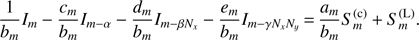$ \frac{1}{{{b}_{m}}}{{I}_{m}}-\frac{{{c}_{m}}}{{{b}_{m}}}{{I}_{m-\alpha }}-\frac{{{d}_{m}}}{{{b}_{m}}}{{I}_{m-\beta {{N}_{x}}}}-\frac{{{e}_{m}}}{{{b}_{m}}}{{I}_{m-\gamma {{N}_{x}}{{N}_{y}}}}=\frac{{{a}_{m}}}{{{b}_{m}}}S_{m}^{(\text{c})}+S_{m}^{(\text{L})}. $