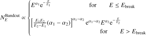 $$ N_E^\text{Bandcut}\propto{\{\begin{array}{cc}E^{\alpha_1}\text{e}^{-\frac E{E_1}}&\text{for}E\leq E_\text{break}\\\lbrack\frac{E_1E_2}{E_2-E_1}{(\alpha_1-\alpha_2)}\rbrack^{\alpha_1-\alpha_2}&e^{\alpha_1-\alpha_2}E^{\alpha_2}\text{e}^{-\frac E{E_2}}\\{}&\text{for}E>E_\text{break}\end{array}} $$