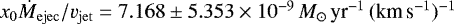 $x_0\dot{M}_{\mathrm{ejec}}/v_{\mathrm{jet}}=7.168\pm5.353\times10^{-9}\,M_{\odot}\,{\textrm{yr}^{-1}\,(\textrm{km}\,\textrm{s}^{-1})^{-1}}$