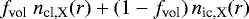 $f_{\textrm{vol}}\ n_{\textrm{cl,X}}(r) &#x002B; \left( 1 - f_{\textrm{vol}} \right) n_{\textrm{ic,X}}(r)$