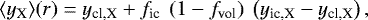 \begin{equation*}\langle y_{\textrm{X}} \rangle(r) = y_{\textrm{cl,X}} &#x002B; f_{\textrm{ic}}\ \left( 1-f_{\textrm{vol}} \right)\ \left( y_{\textrm{ic,X}} - y_{\textrm{cl,X}} \right), \end{equation*}