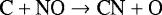 \begin{equation*} {\textrm{C} &#x002B; \textrm{NO} \rightarrow {\textrm{CN}} &#x002B; \textrm{O}} \end{equation*}