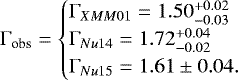 \begin{equation*}\mathrm{\Gamma}_{\textrm{obs}}=\begin{cases} \mathrm{\Gamma}_{XMM01}=1.50^{&#x002B;0.02}_{-0.03} \\ \mathrm{\Gamma}_{Nu14}=1.72^{&#x002B;0.04}_{-0.02} \\ \mathrm{\Gamma}_{Nu15}=1.61\pm0.04. \end{cases}\end{equation*}