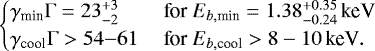 \begin{equation*} \begin{cases} \gamma_{\textrm{min}}\mathrm{\Gamma}=23^{&#x002B;3}_{-2} & \text{ for } E_{b,\textrm{min}}=1.38^{&#x002B;0.35}_{-0.24}\,\text{keV} \\ \gamma_{\textrm{cool}}\mathrm{\Gamma}>54{-}61& \text{ for } E_{b,\textrm{cool}}>8-10\,\text{keV}. \end{cases} \end{equation*}