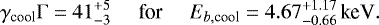 \begin{equation*} \gamma_{\textrm{cool}}\mathrm{\Gamma}=41^{&#x002B;5}_{-3}\,\,\,\,\,\,\,\,\text{for}\,\,\,\,\,\,\,\,E_{b,\textrm{cool}}=4.67^{&#x002B;1.17}_{-0.66}\,\text{keV}. \end{equation*}