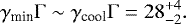 \begin{equation*} \gamma_{\textrm{min}}\mathrm{\Gamma}\sim\gamma_{\textrm{cool}}\mathrm{\Gamma}=28^{&#x002B;4}_{-2}. \end{equation*}